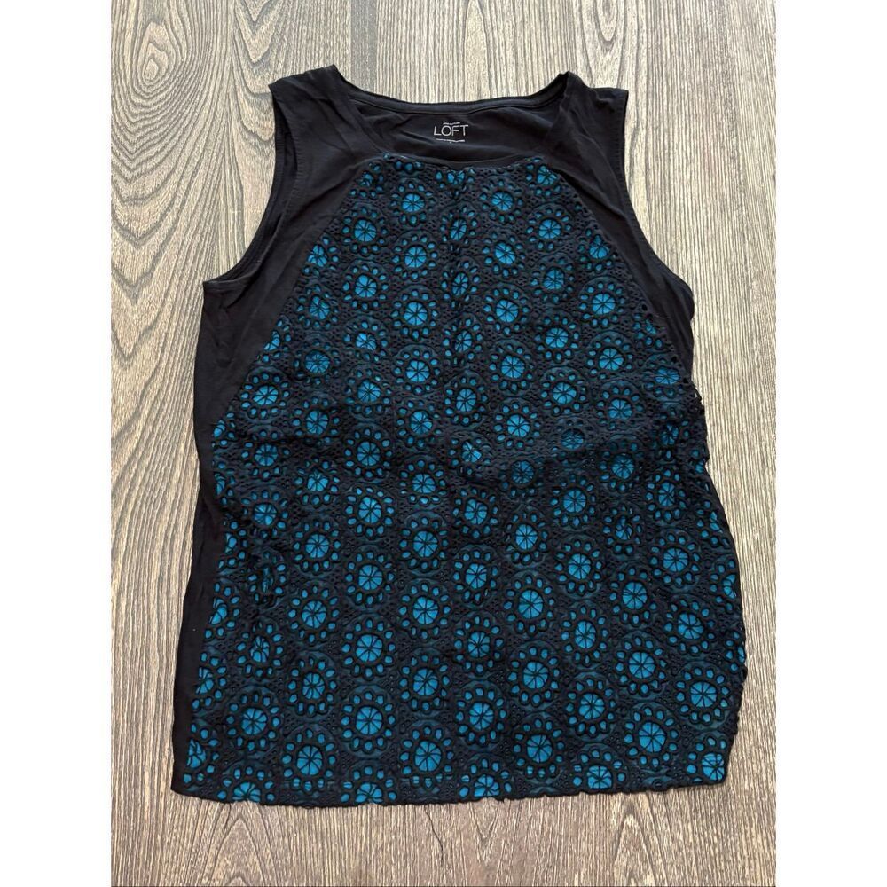 Ann Taylor LOFT Crochet Front Tank Top Round Neck Sleeveless Black Blue Size S